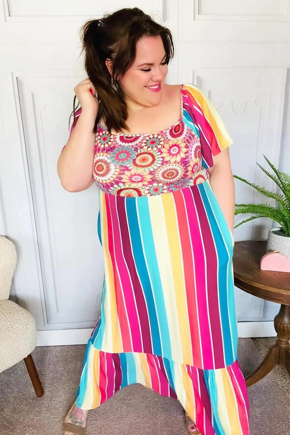 Feeling Bold Fuchsia & Teal Striped Medallion Crochet Print Dress-Evelyns Fashion