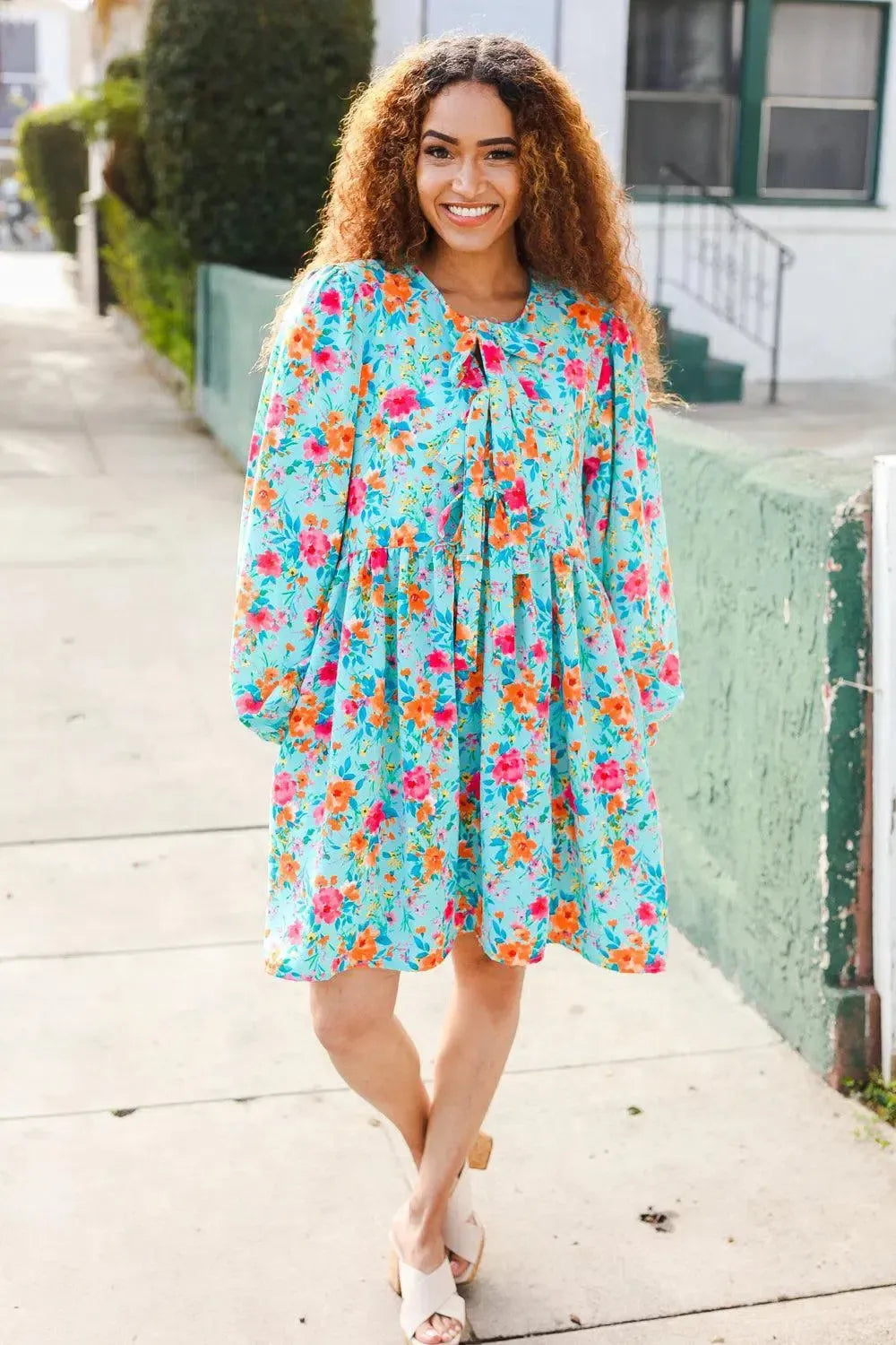 Feeling Femme Aqua Floral Ribbon Bow Tie Babydoll Dress-Evelyns Fashion