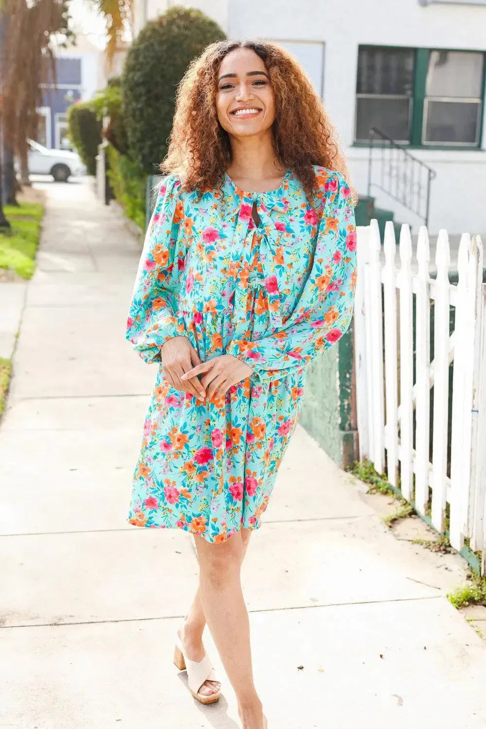 Feeling Femme Aqua Floral Ribbon Bow Tie Babydoll Dress-Evelyns Fashion