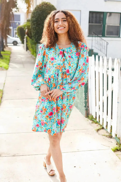 Feeling Femme Aqua Floral Ribbon Bow Tie Babydoll Dress-Evelyns Fashion