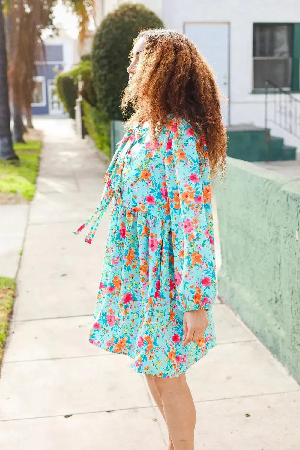 Feeling Femme Aqua Floral Ribbon Bow Tie Babydoll Dress-Evelyns Fashion