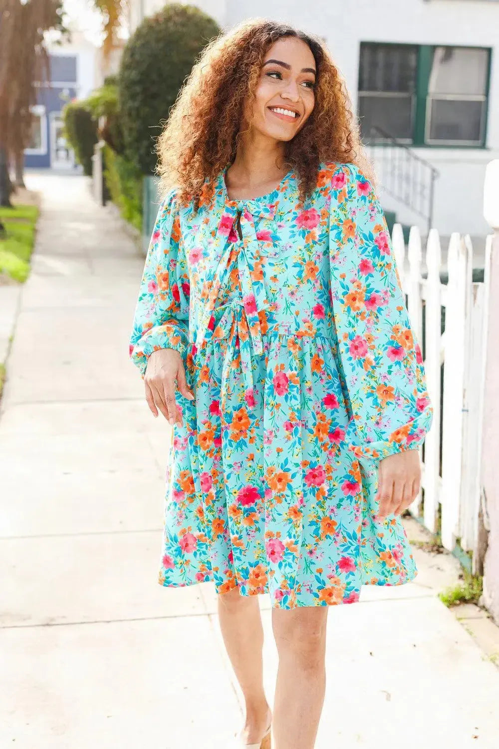 Feeling Femme Aqua Floral Ribbon Bow Tie Babydoll Dress-Evelyns Fashion