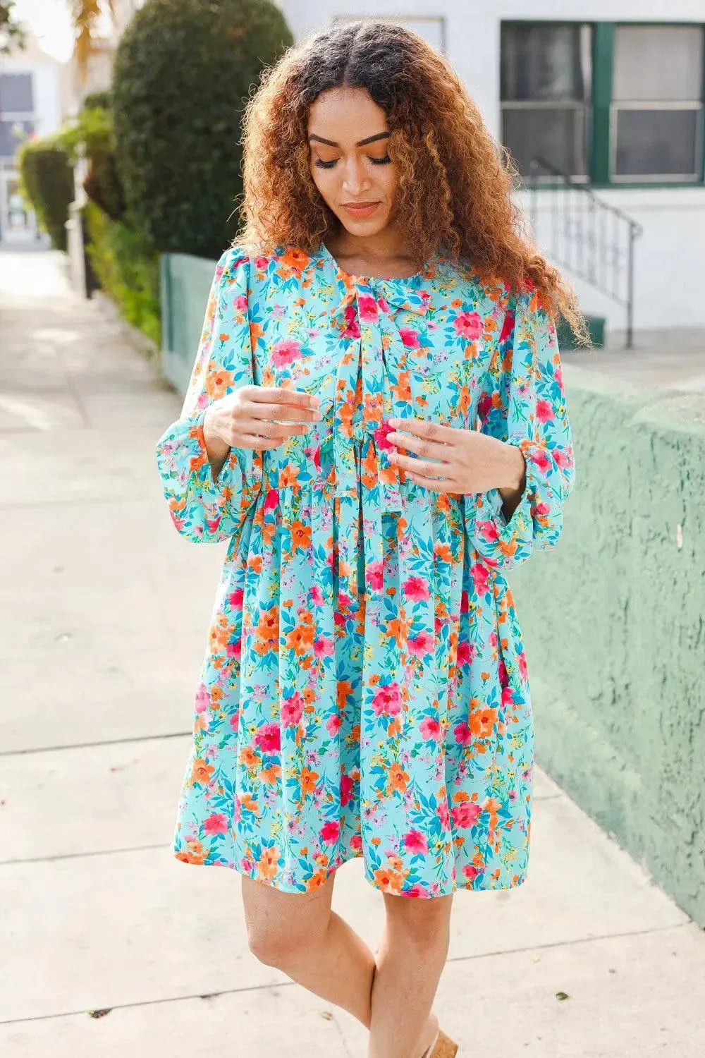 Feeling Femme Aqua Floral Ribbon Bow Tie Babydoll Dress-Evelyns Fashion