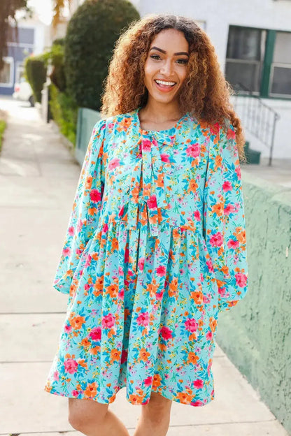 Feeling Femme Aqua Floral Ribbon Bow Tie Babydoll Dress-Evelyns Fashion