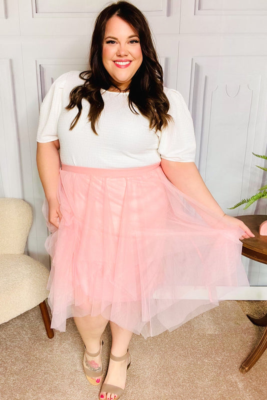 Feeling Femme' Blush Asymmetric Tiered Tulle Midi Skirt-Evelyns Fashion