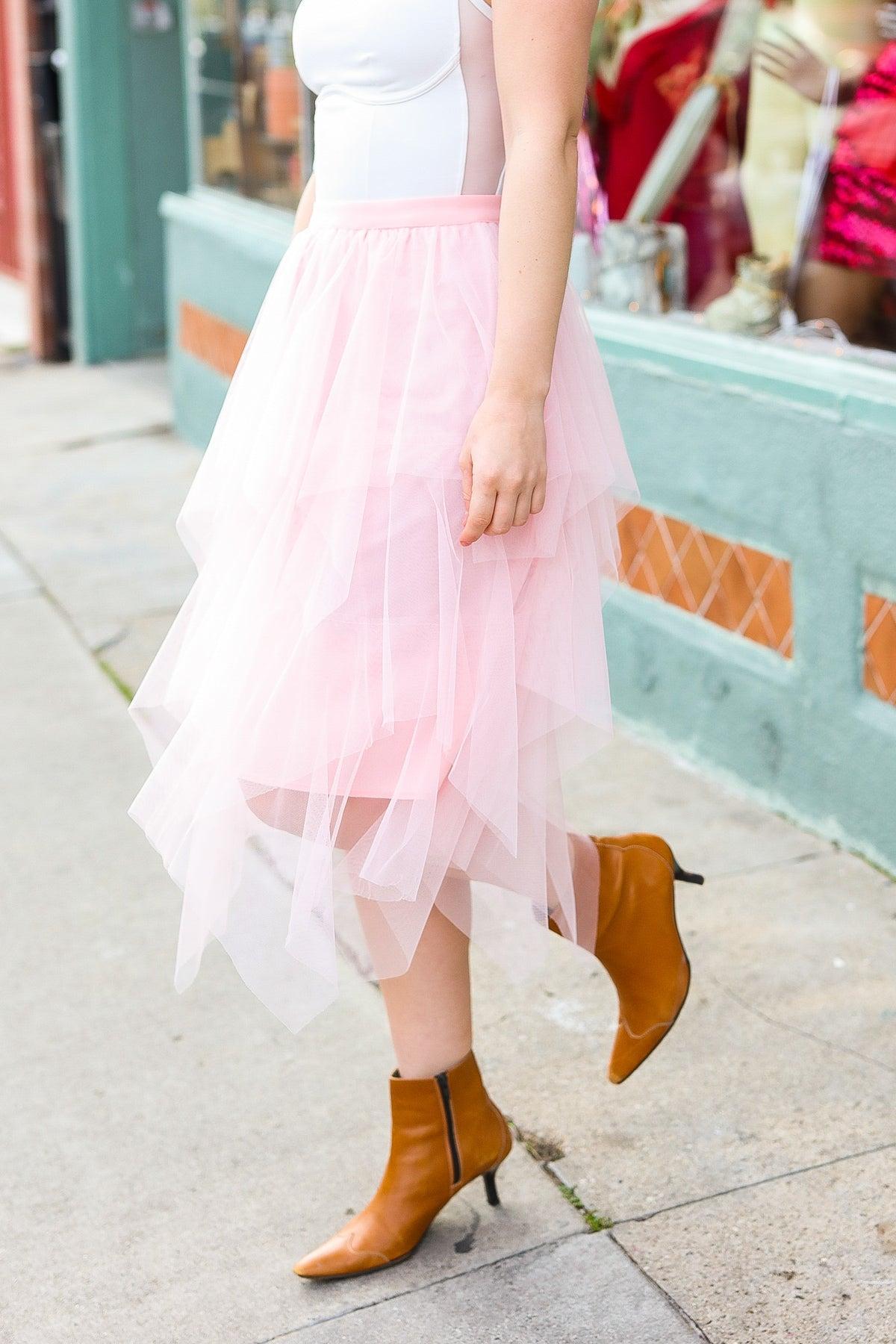 Feeling Femme' Blush Asymmetric Tiered Tulle Midi Skirt-Evelyns Fashion
