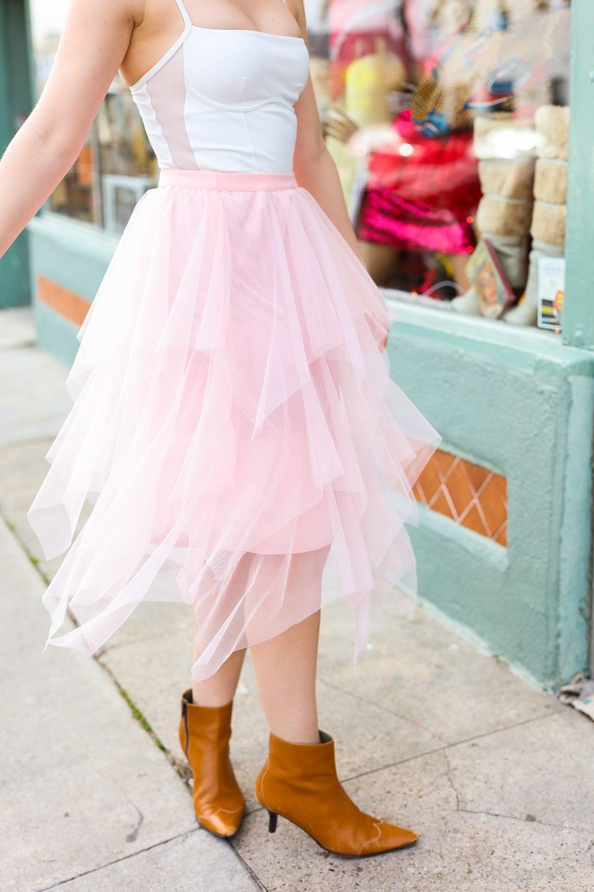 Feeling Femme' Blush Asymmetric Tiered Tulle Midi Skirt-Evelyns Fashion