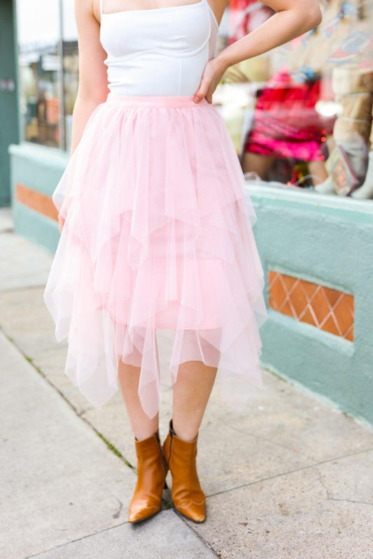 Feeling Femme' Blush Asymmetric Tiered Tulle Midi Skirt-Evelyns Fashion