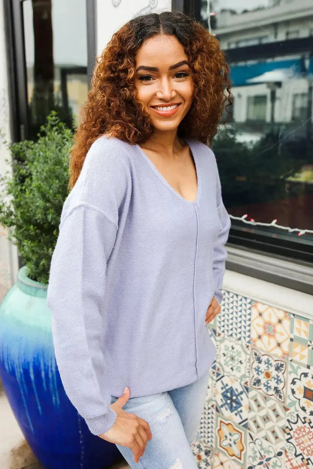 Feeling Femme Light Blue Brushed Knit V Neck Outseam Stitch Pullover-Evelyns Fashion