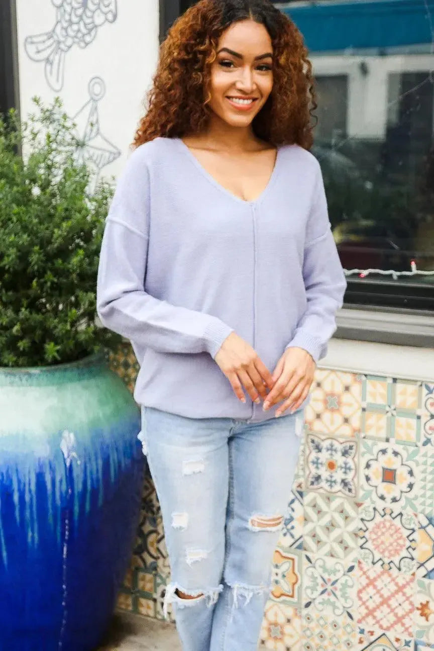 Feeling Femme Light Blue Brushed Knit V Neck Outseam Stitch Pullover-Evelyns Fashion