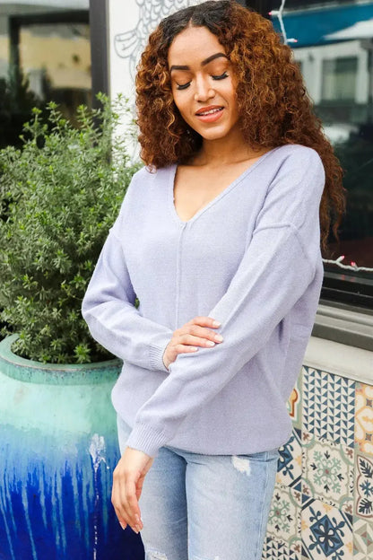 Feeling Femme Light Blue Brushed Knit V Neck Outseam Stitch Pullover-Evelyns Fashion