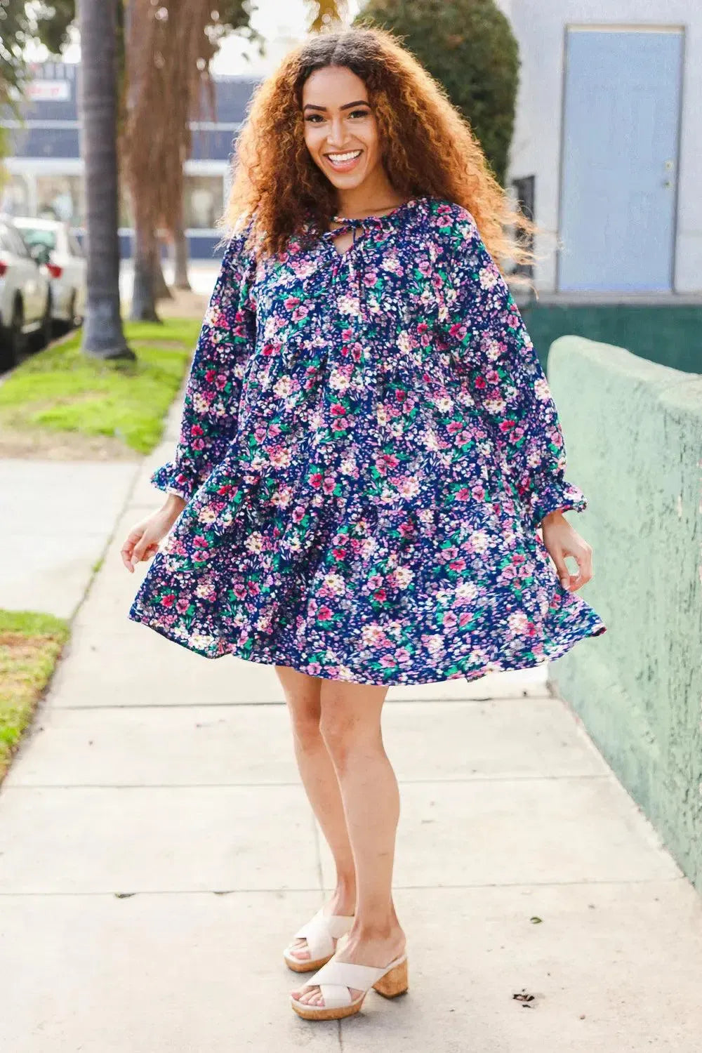 Feeling Joyful Navy Floral Bow Tie Babydoll Long Ruffle Sleeve Dress-Evelyns Fashion