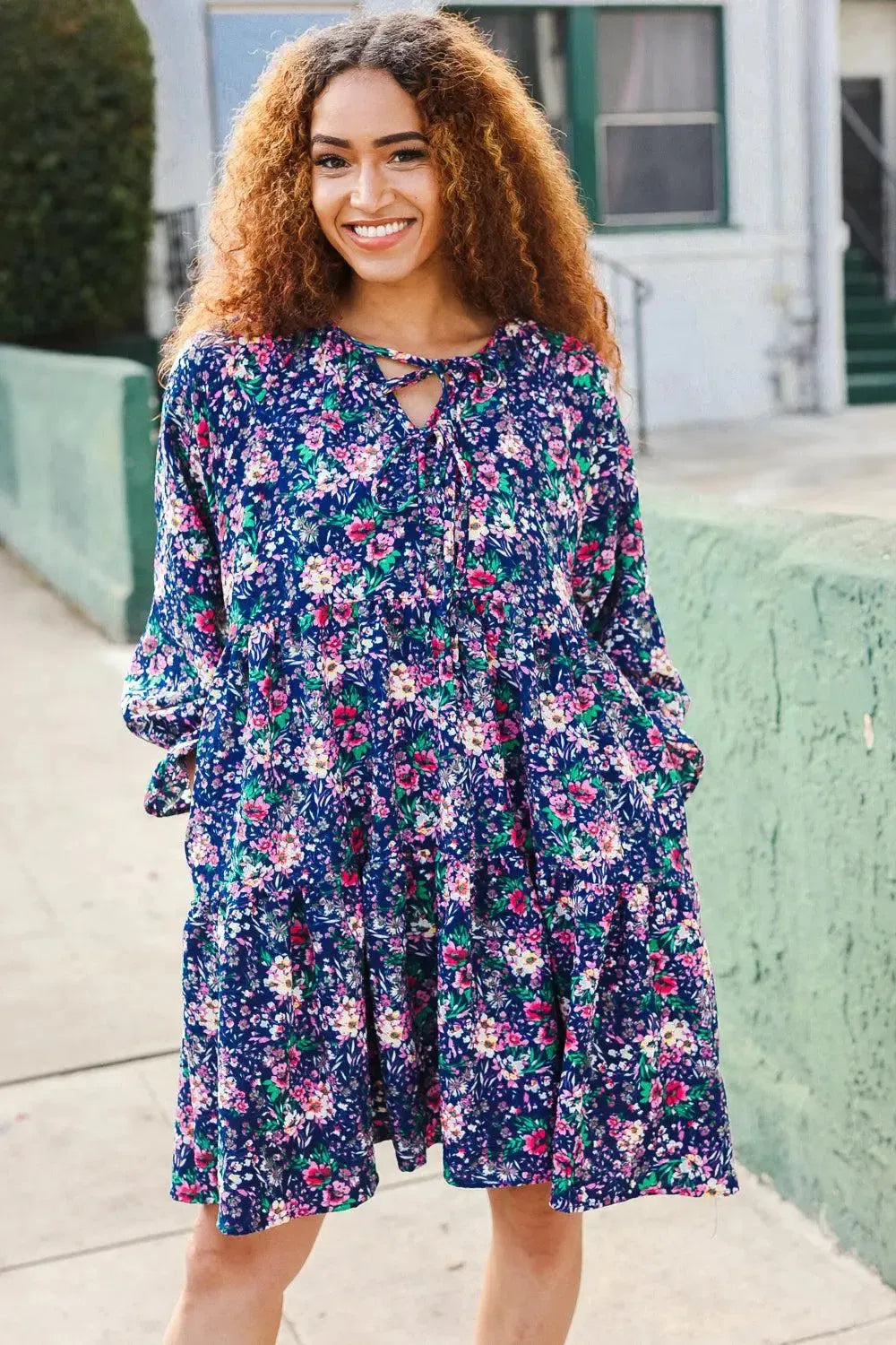 Feeling Joyful Navy Floral Bow Tie Babydoll Long Ruffle Sleeve Dress-Evelyns Fashion