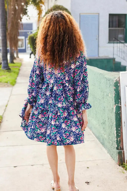 Feeling Joyful Navy Floral Bow Tie Babydoll Long Ruffle Sleeve Dress-Evelyns Fashion