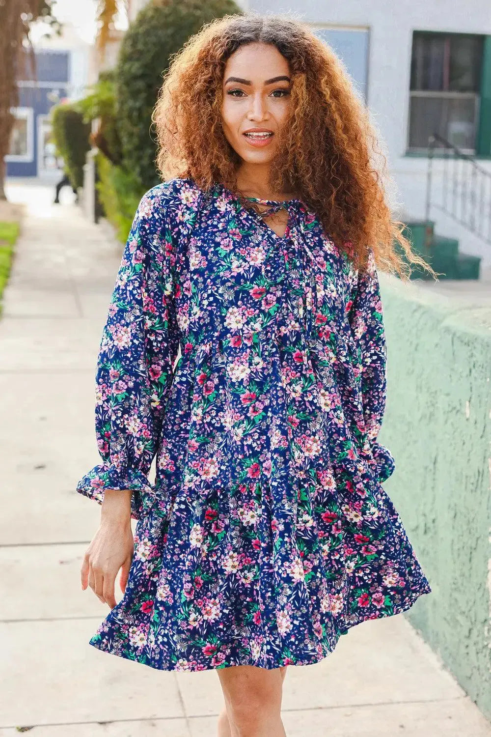 Feeling Joyful Navy Floral Bow Tie Babydoll Long Ruffle Sleeve Dress-Evelyns Fashion
