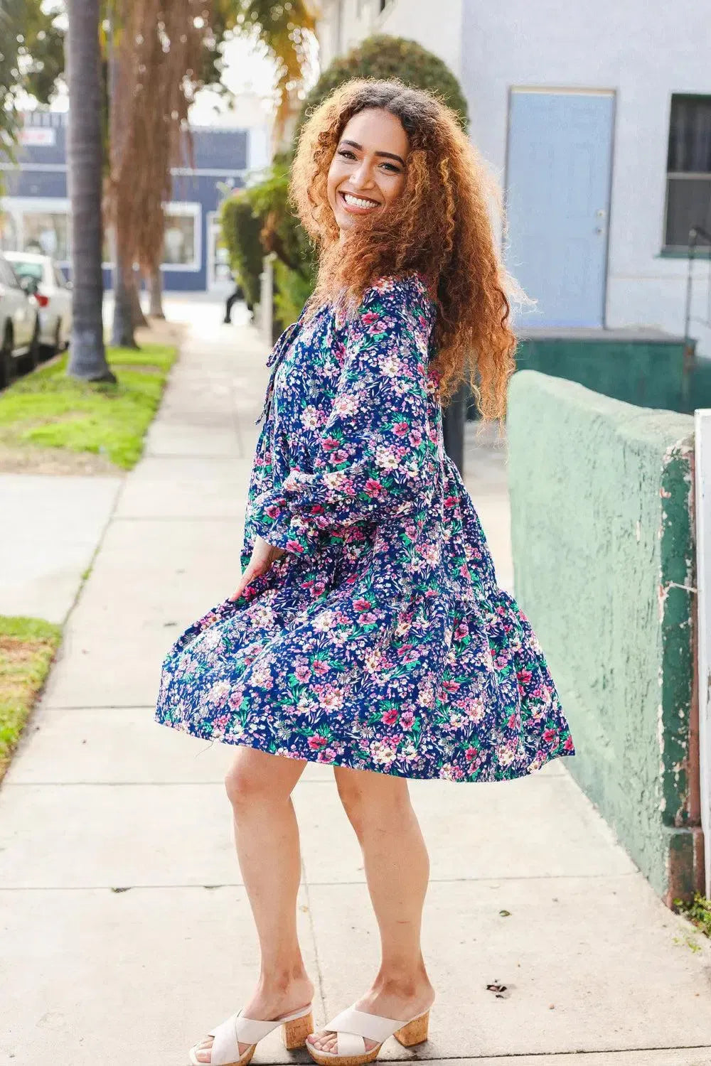 Feeling Joyful Navy Floral Bow Tie Babydoll Long Ruffle Sleeve Dress-Evelyns Fashion