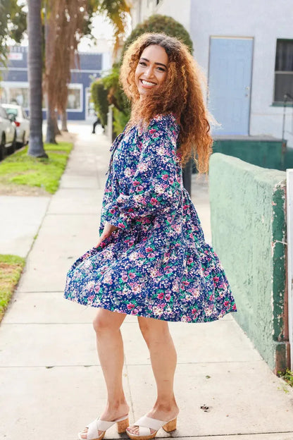 Feeling Joyful Navy Floral Bow Tie Babydoll Long Ruffle Sleeve Dress-Evelyns Fashion