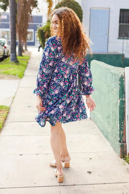 Feeling Joyful Navy Floral Bow Tie Babydoll Long Ruffle Sleeve Dress-Evelyns Fashion