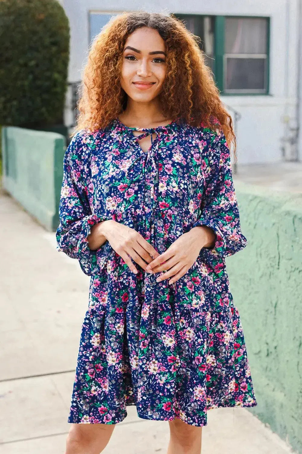 Feeling Joyful Navy Floral Bow Tie Babydoll Long Ruffle Sleeve Dress-Evelyns Fashion
