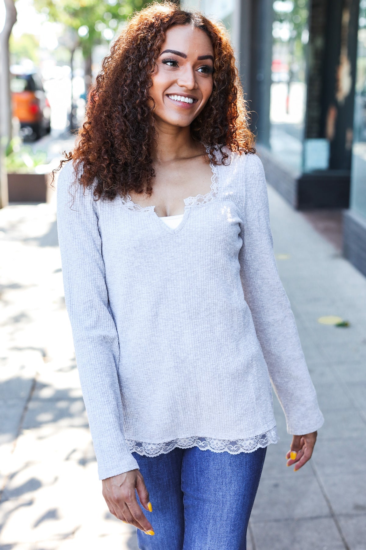 Feels Like Love Grey Lace Trim Rib Long Sleeve Top-Evelyns Fashion