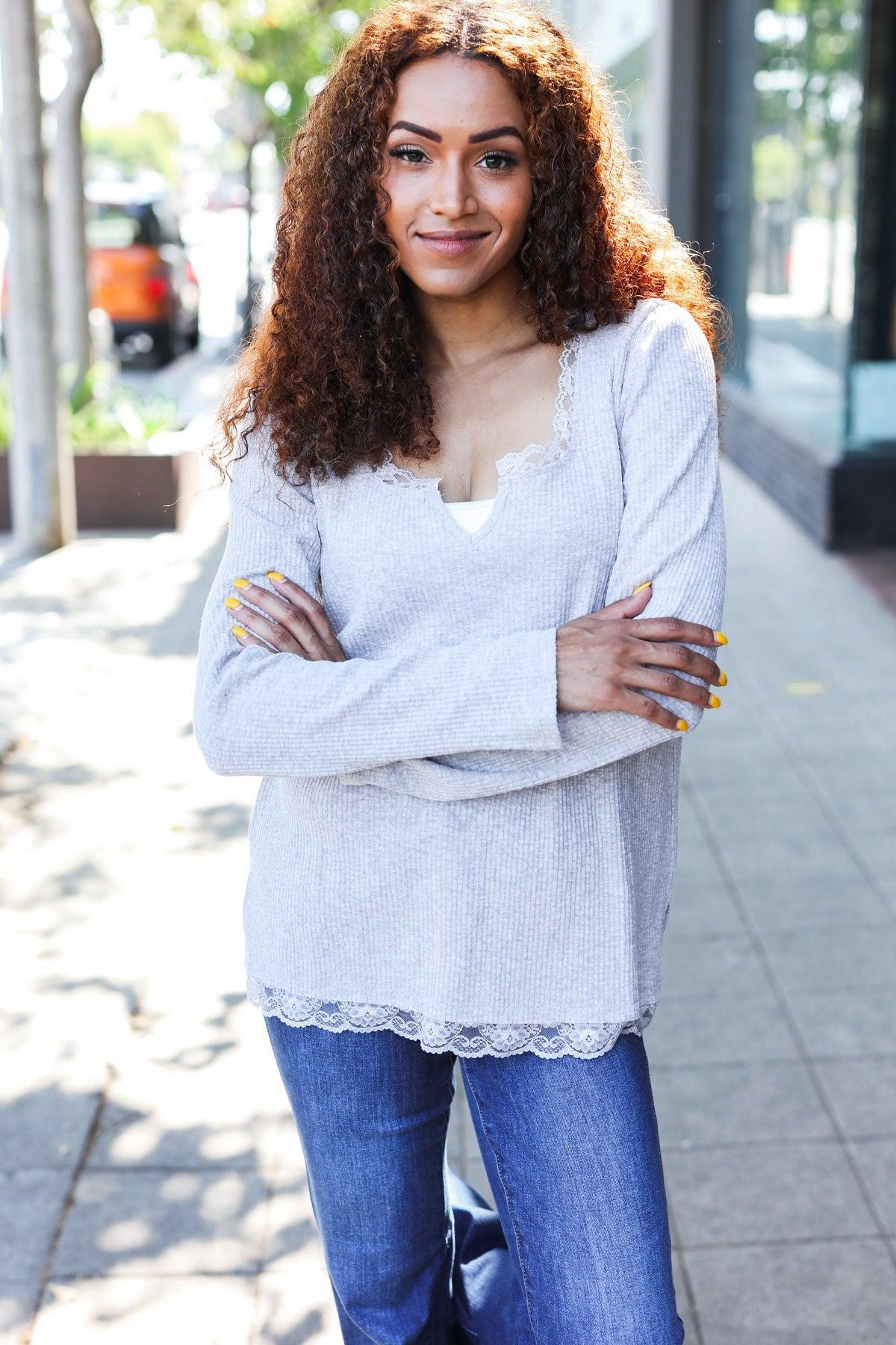 Feels Like Love Grey Lace Trim Rib Long Sleeve Top-Evelyns Fashion