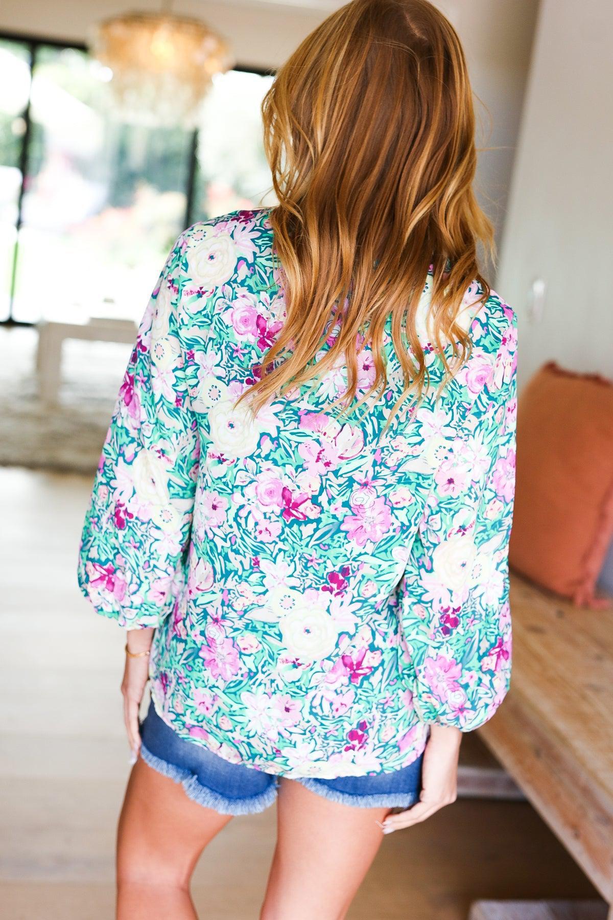 Femme' Lavender & Green Floral V Neck Woven Top-Evelyns Fashion