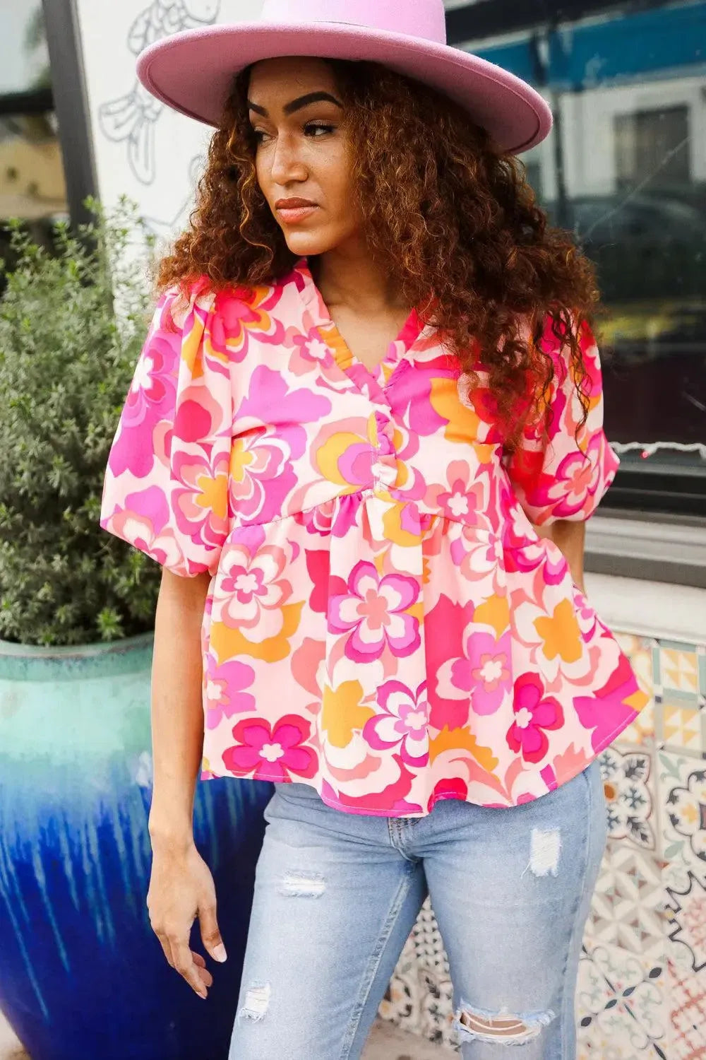 Find Love Pink/Yellow Floral Frill Balloon Short Sleeve Top-Evelyns Fashion