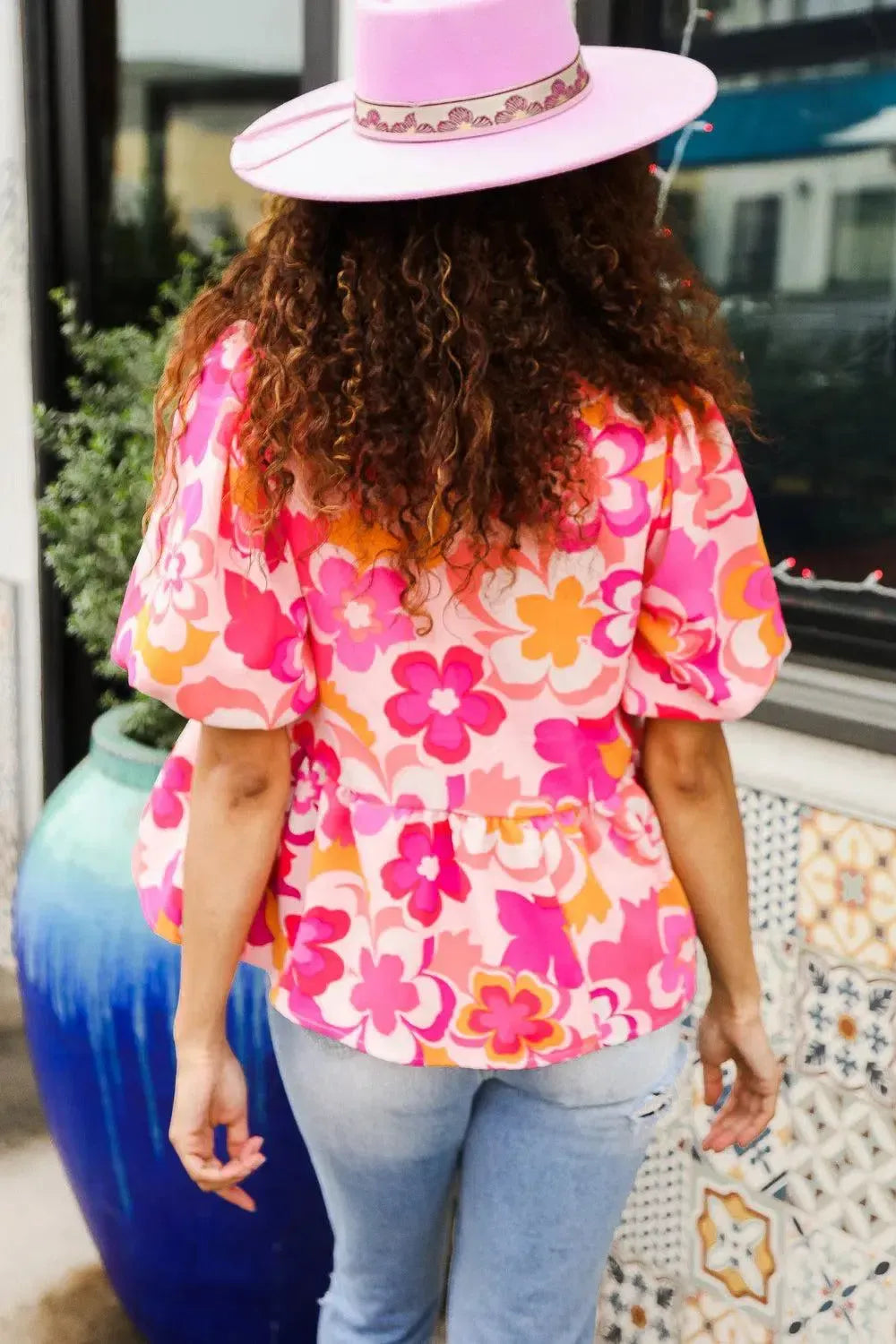 Find Love Pink/Yellow Floral Frill Balloon Short Sleeve Top-Evelyns Fashion