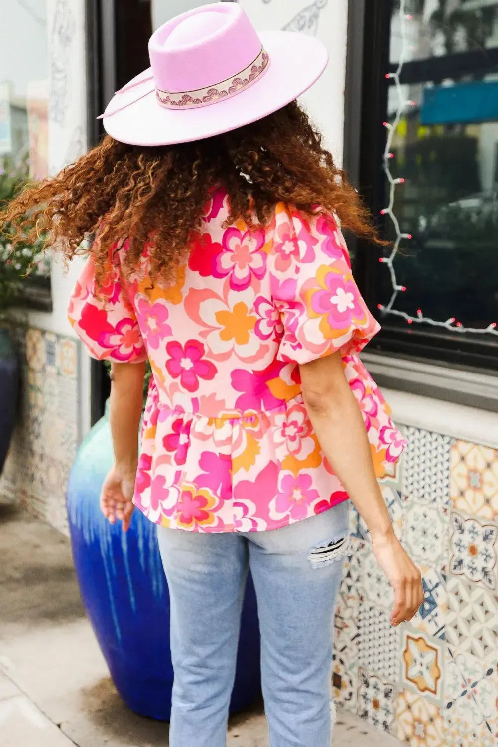 Find Love Pink/Yellow Floral Frill Balloon Short Sleeve Top-Evelyns Fashion