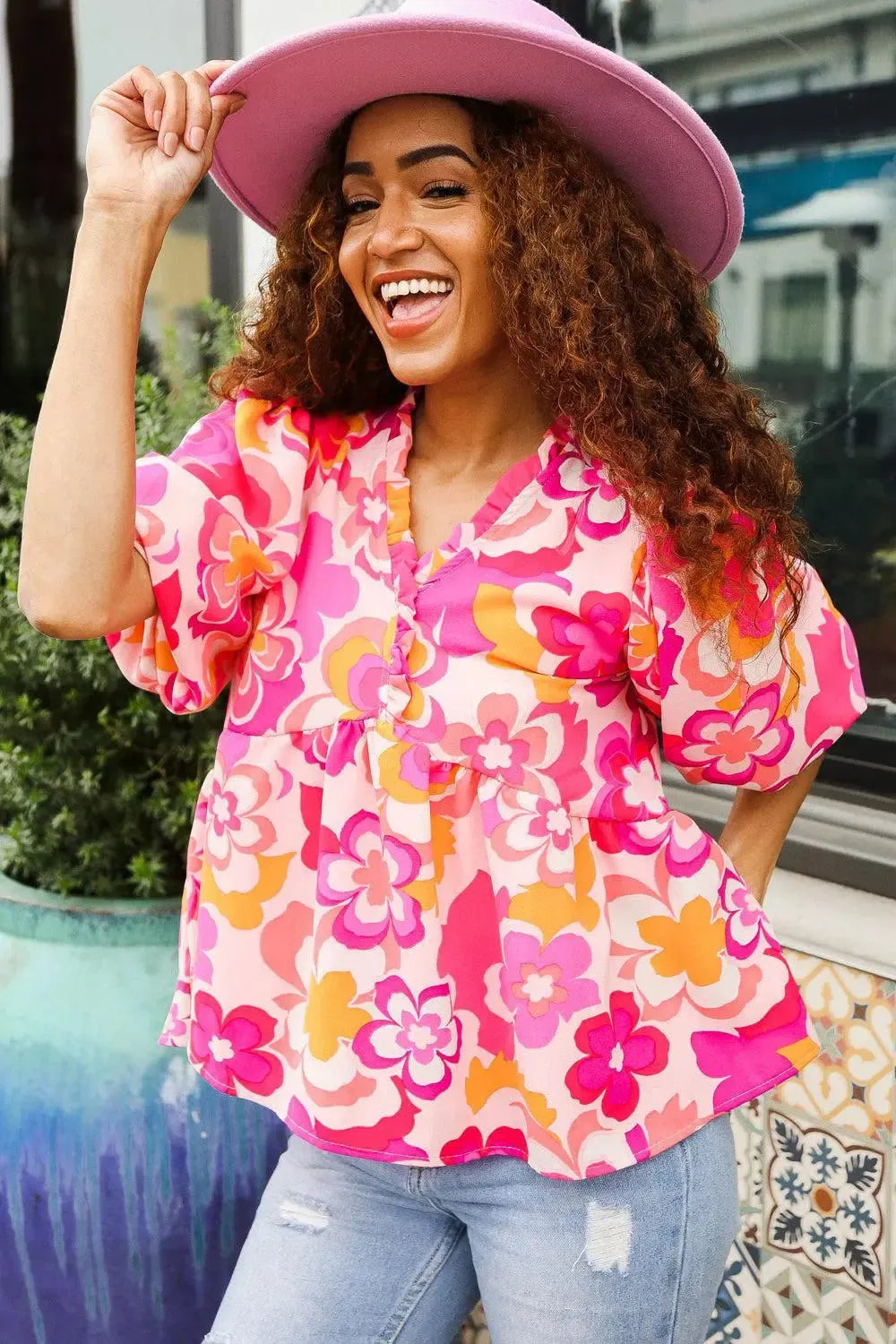 Find Love Pink/Yellow Floral Frill Balloon Short Sleeve Top-Evelyns Fashion