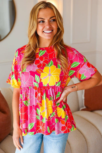 Floral Drop Shoulder Babydoll Top-Blouses-Evelyns Fashion