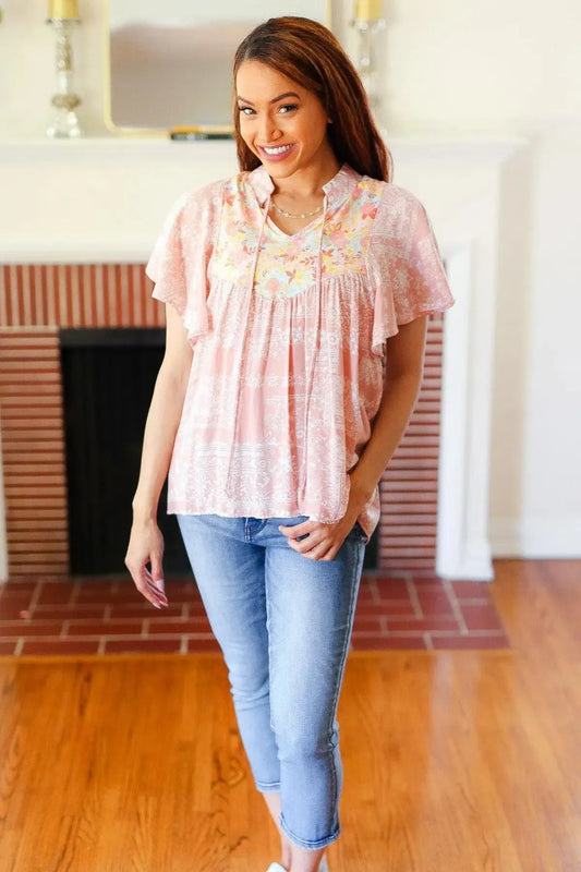 Floral Yoke Tie Neck Top-Evelyns Fashion