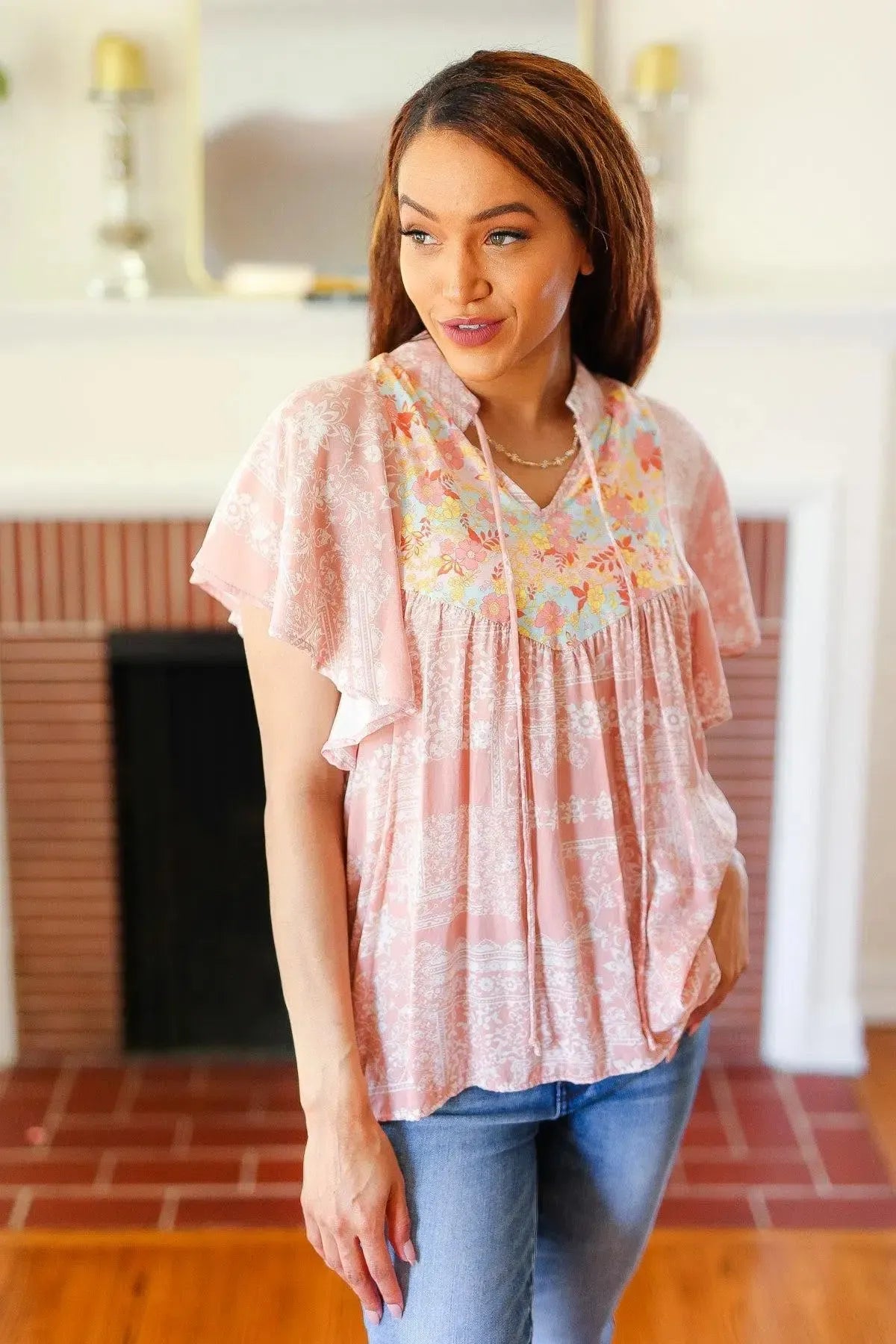 Floral Yoke Tie Neck Top-Evelyns Fashion