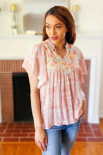 Floral Yoke Tie Neck Top-Evelyns Fashion