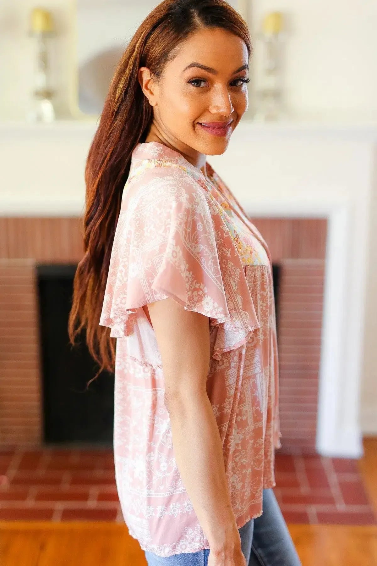 Floral Yoke Tie Neck Top-Evelyns Fashion