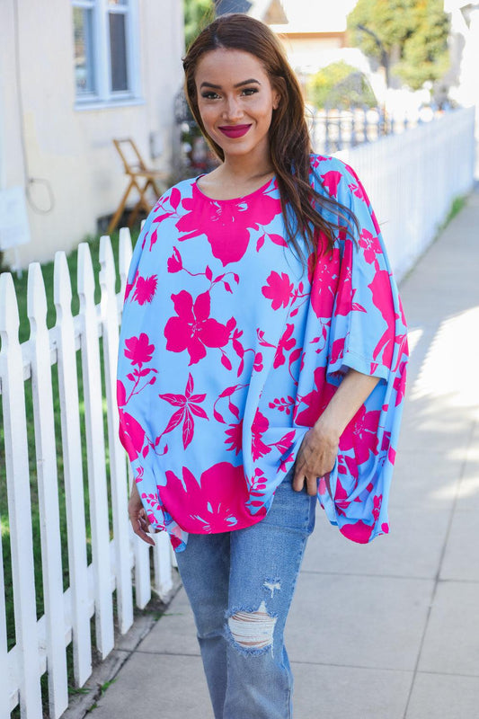 Follow Me Fuchsia Floral Asymmetrical Coverup Blouse-Evelyns Fashion