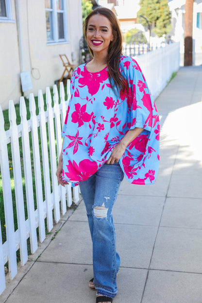 Follow Me Fuchsia Floral Asymmetrical Coverup Blouse-Evelyns Fashion
