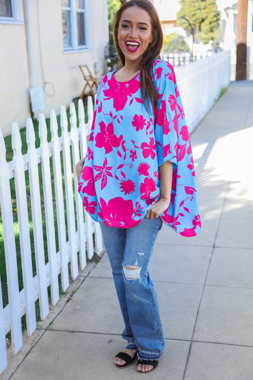 Follow Me Fuchsia Floral Asymmetrical Coverup Blouse-Evelyns Fashion