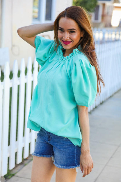 Follow Me Mint Frill Mock Neck Woven Top-Evelyns Fashion