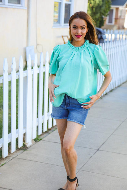 Follow Me Mint Frill Mock Neck Woven Top-Evelyns Fashion