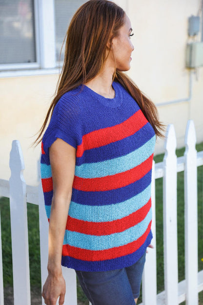 Forget Me Not Royal Blue Stripe Short Sleeve Dolman Sweater-Evelyns Fashion