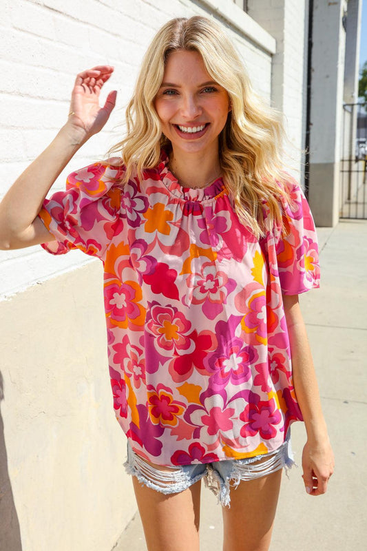 Fuchsia Big Floral Blouse-Blouses-Evelyns Fashion