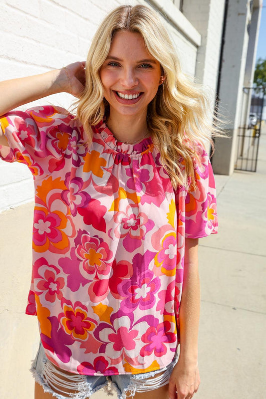 Fuchsia Big Floral Blouse-Blouses-Evelyns Fashion
