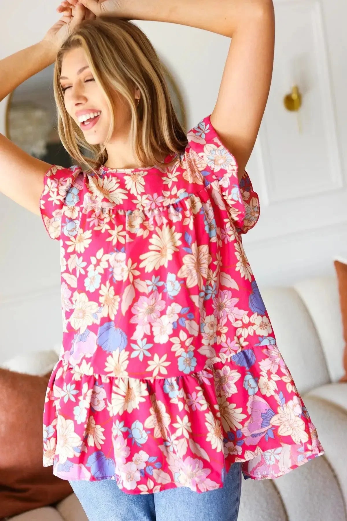 Fuchsia Floral Yoke Flutter Sleeve Back Neck Button Top-Evelyns Fashion