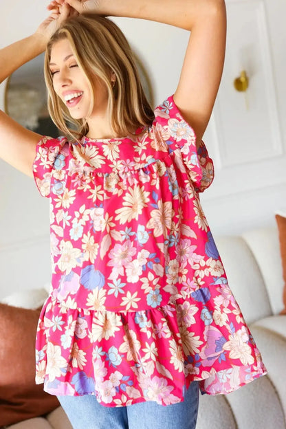 Fuchsia Floral Yoke Flutter Sleeve Back Neck Button Top-Evelyns Fashion