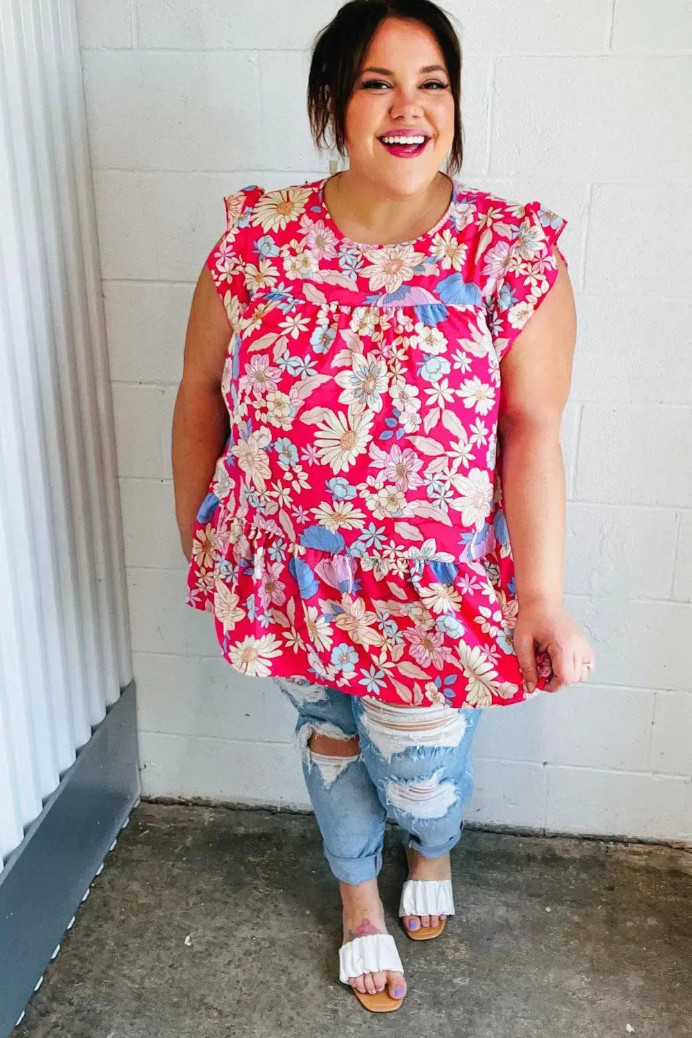 Fuchsia Floral Yoke Flutter Sleeve Back Neck Button Top-Evelyns Fashion