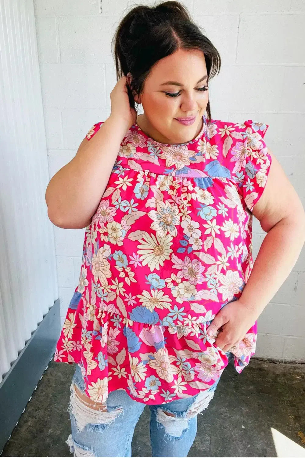 Fuchsia Floral Yoke Flutter Sleeve Back Neck Button Top-Evelyns Fashion