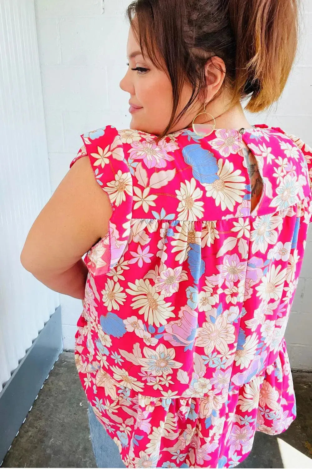 Fuchsia Floral Yoke Flutter Sleeve Back Neck Button Top-Evelyns Fashion