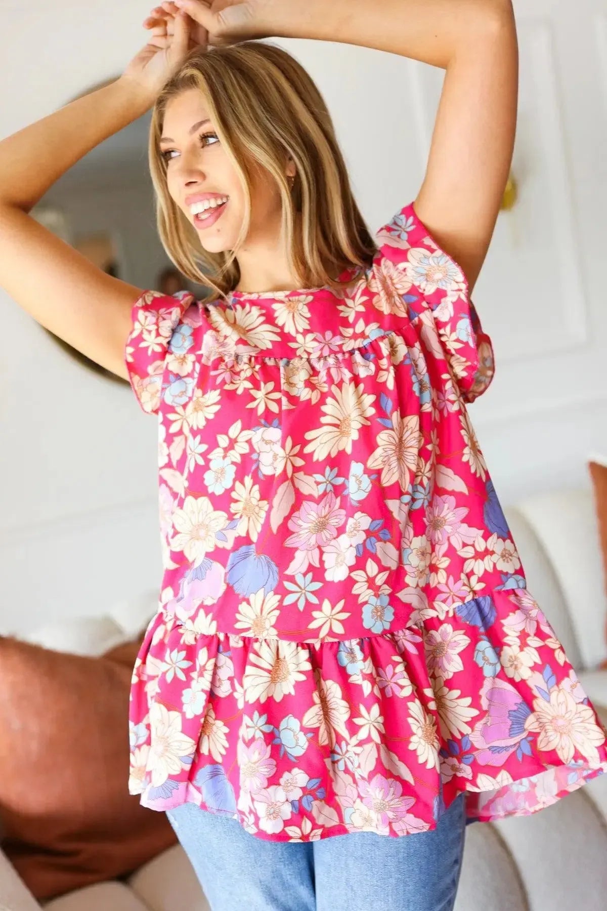 Fuchsia Floral Yoke Flutter Sleeve Back Neck Button Top-Evelyns Fashion