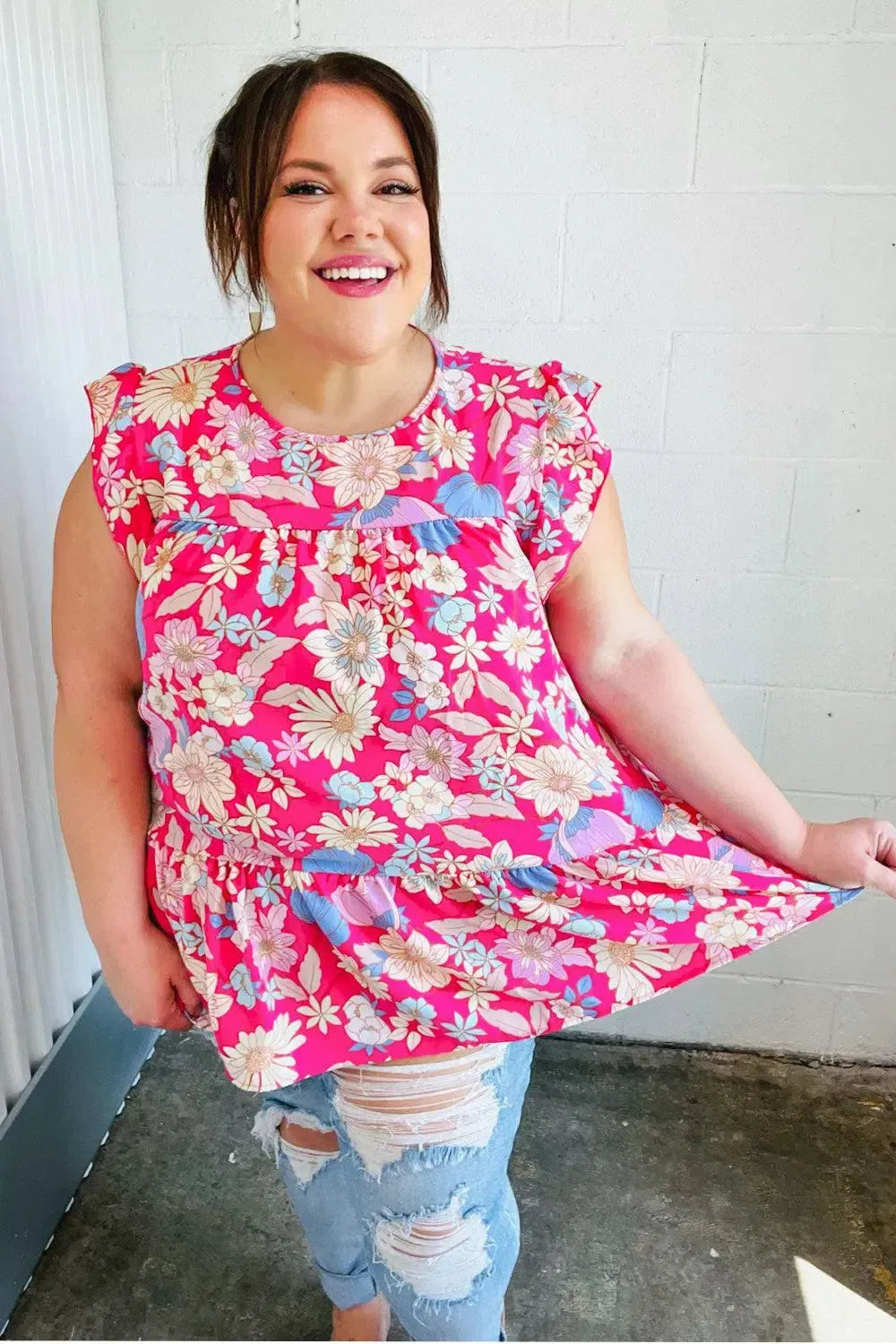 Fuchsia Floral Yoke Flutter Sleeve Back Neck Button Top-Evelyns Fashion